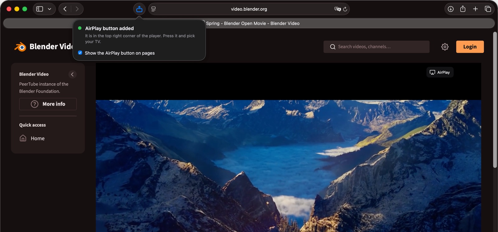 The Airlift panel open in Safari&rsquo;s toolbar, saying the AirPlay button was added and where to find it