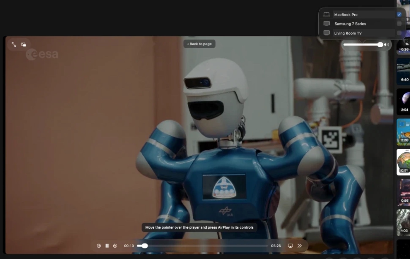The Airlift player over the page, with Safari&rsquo;s AirPlay picker listing a MacBook Pro, a Samsung TV and a living room TV