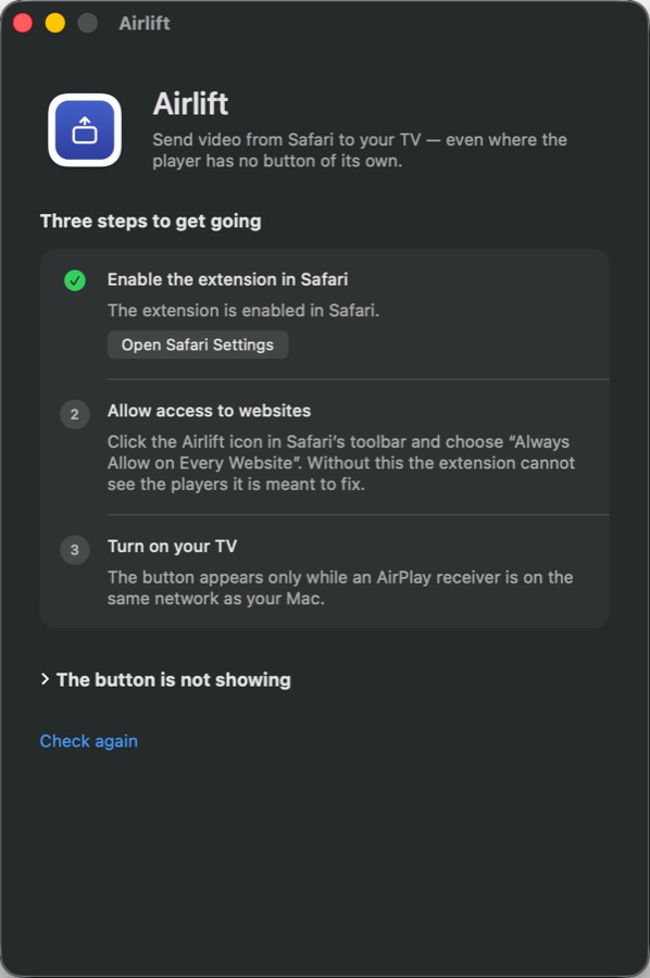 The Airlift app window with three setup steps