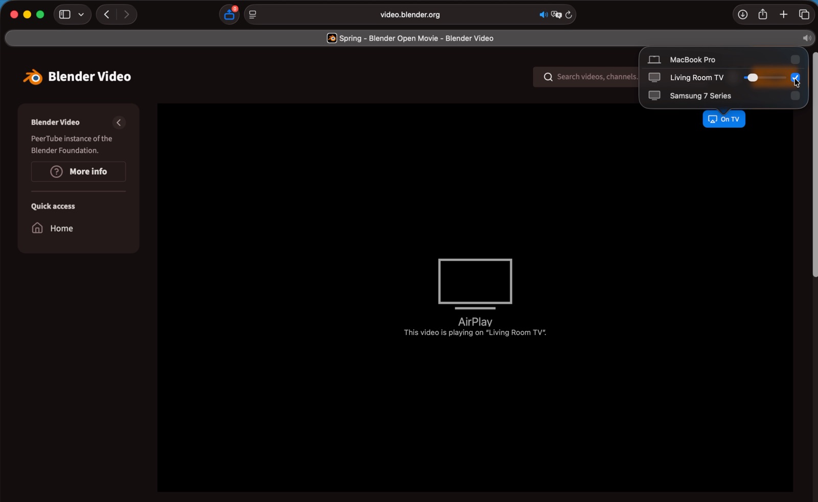 Safari&rsquo;s AirPlay picker listing a MacBook Pro, a living room TV and a Samsung set, with the video now playing on the living room TV