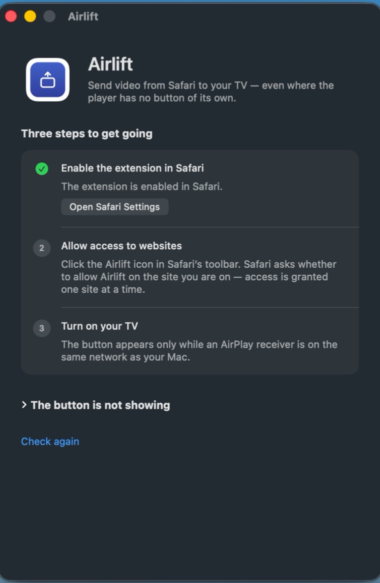 The Airlift app window with three setup steps