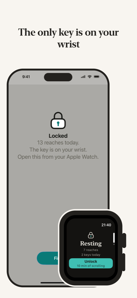 The shield over a locked app, with the watch beside it showing Unlock