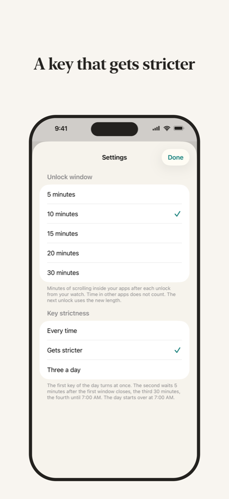 Key strictness settings: every time, gets stricter, three a day