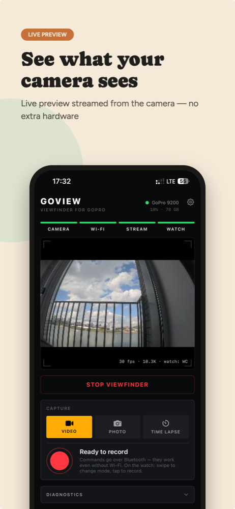 GoView on iPhone showing a live preview at 30 fps