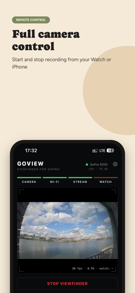 GoView on iPhone with Video, Photo and Time Lapse modes and a record button
