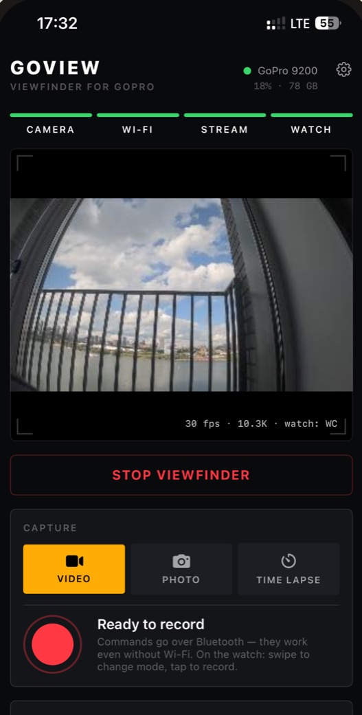 GoView on iPhone: live preview from the camera